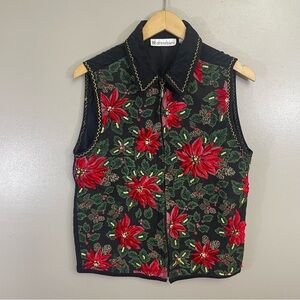 Dress Barn small Women's Red Wool Holiday Vest poinsettias Christmas embroidered